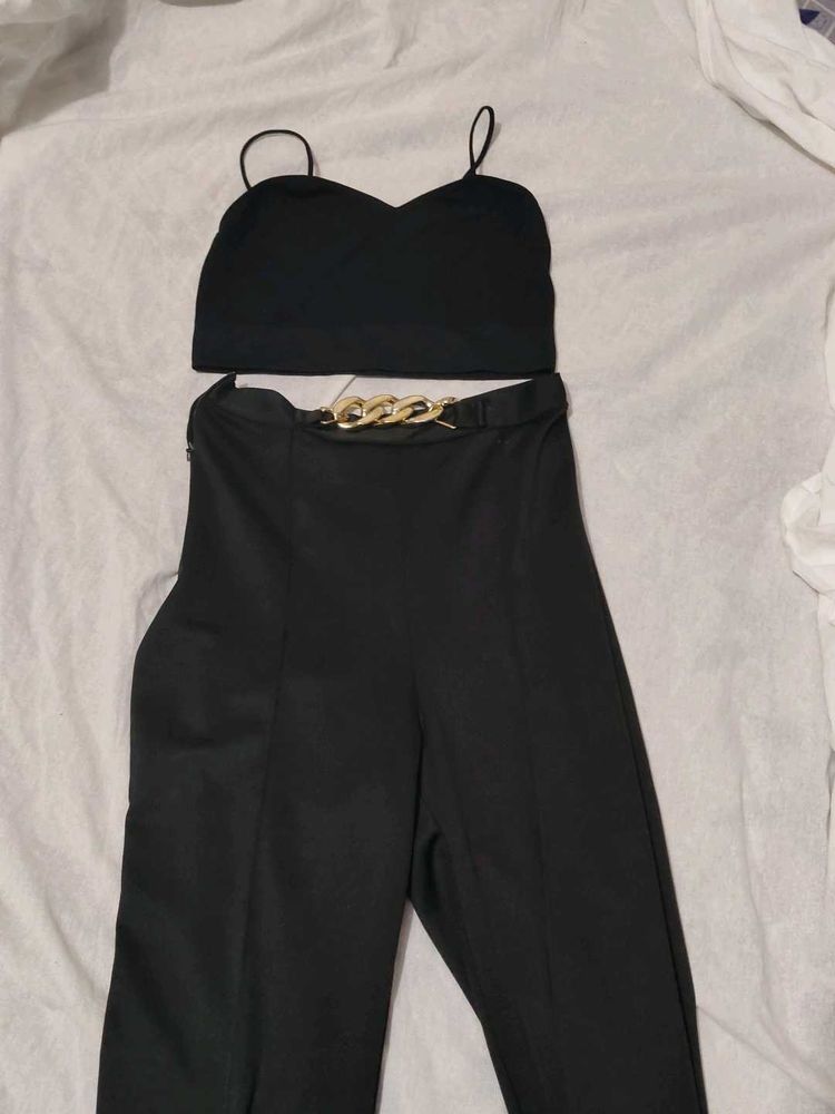 Black Crop Top &amp; Chain Pants Set