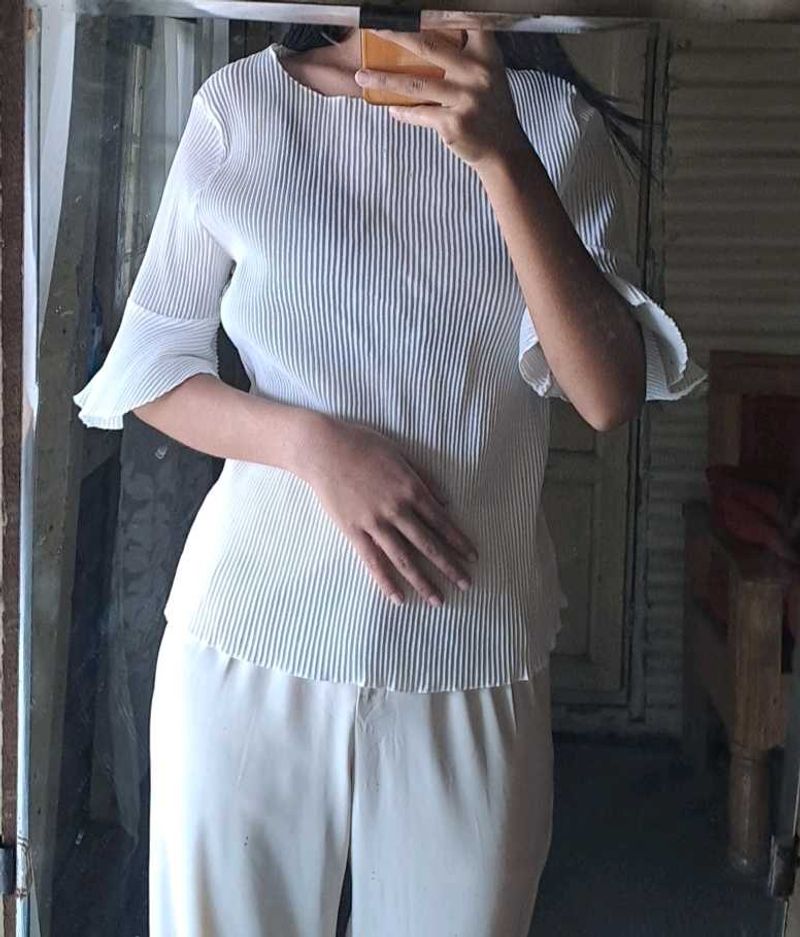 White Pleated Top with Ruffle Sleeves