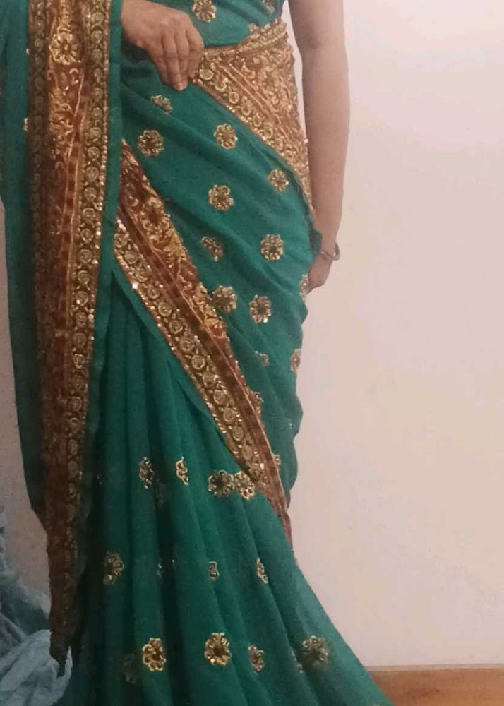 Green Saree with Floral Embroidery &amp; Blouse