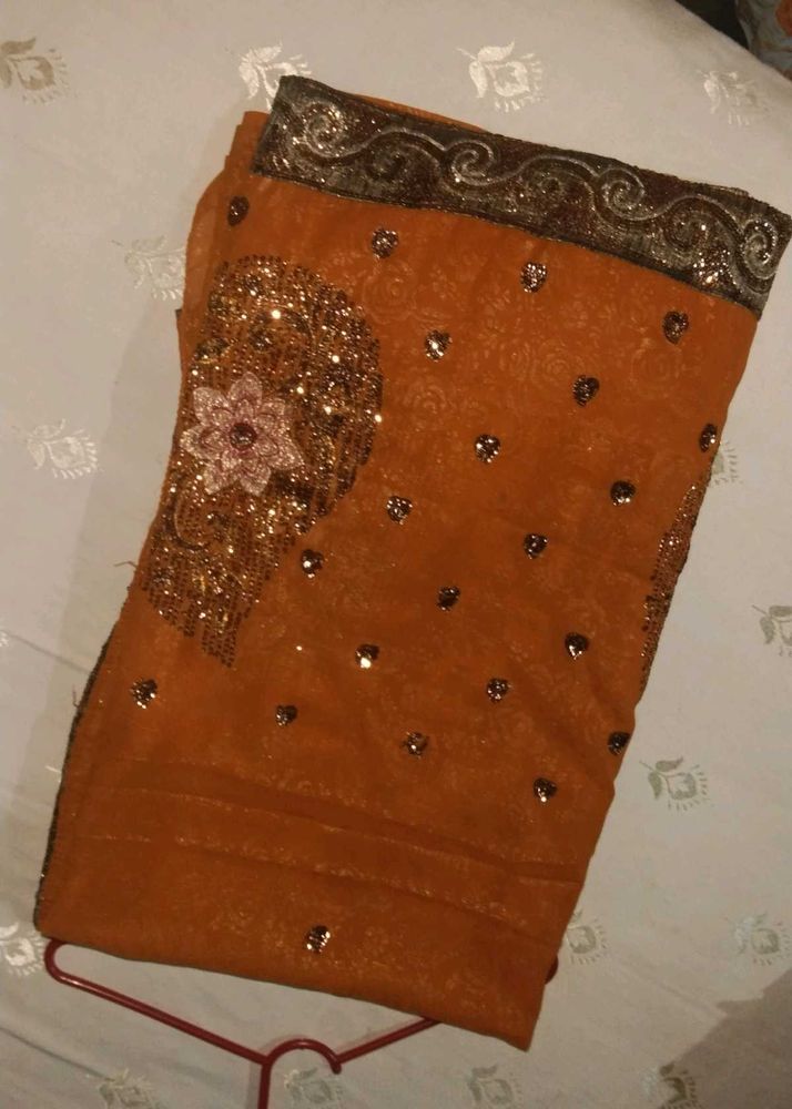 Orange Sari with Gold Details