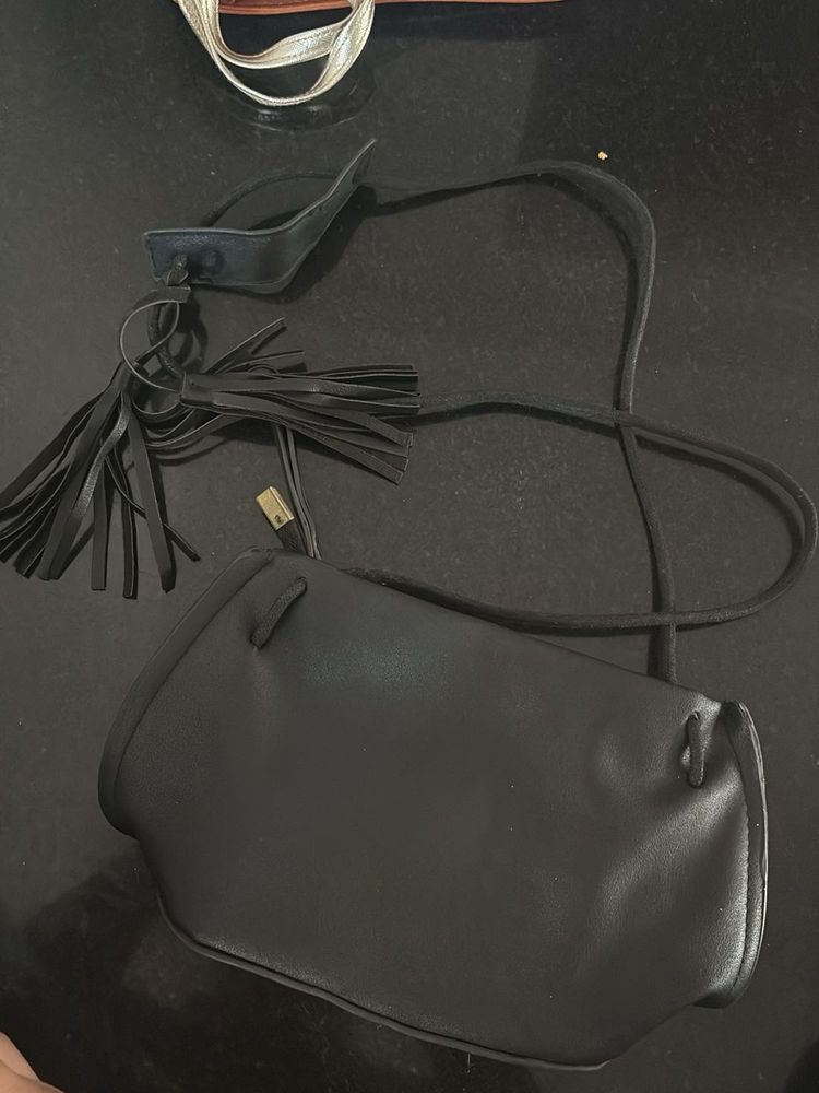 Black Leather Tassel Crossbody