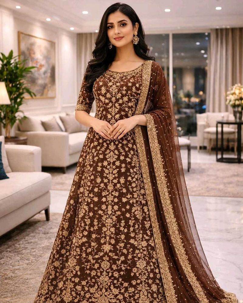 Brown Golden Embroidered gown 3 psc  xl