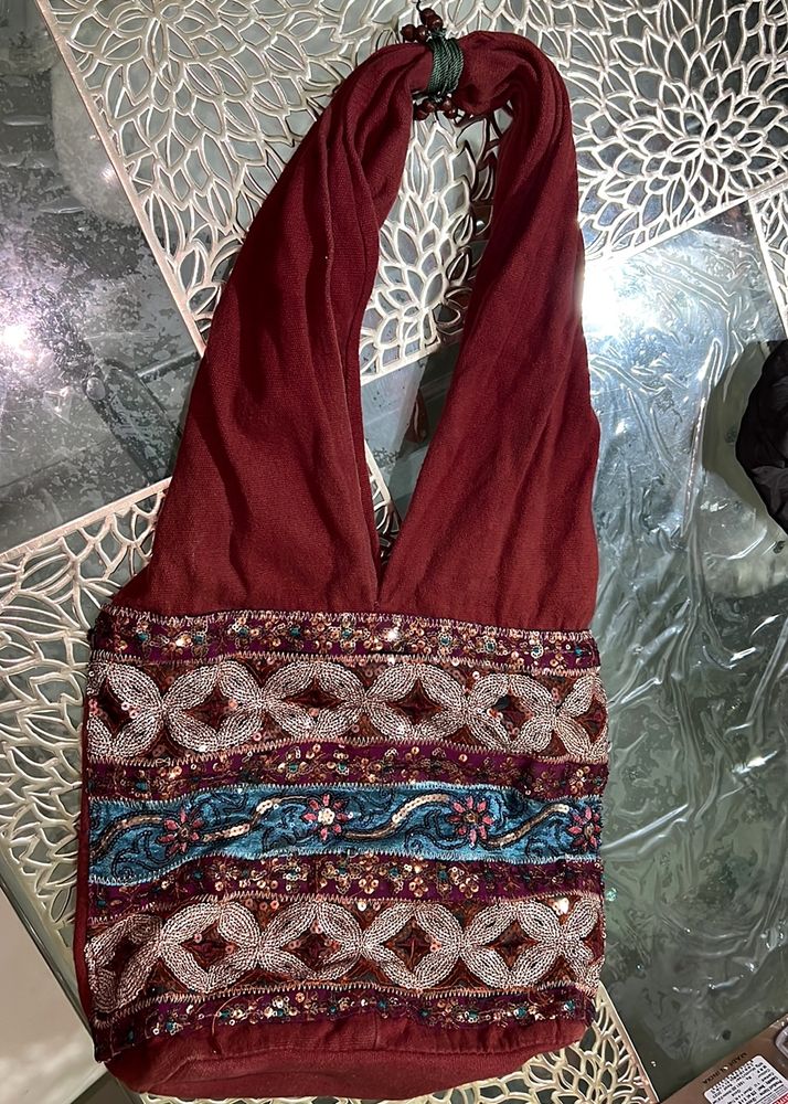 Sequin Embroidered Shoulder Brown Handbag