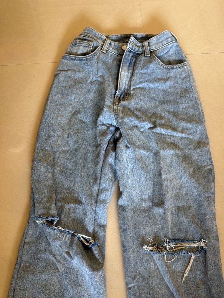 Ripped Wide Leg Denim Jeans