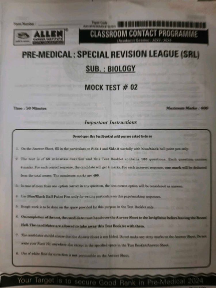 Allen Mock Papers For Neet