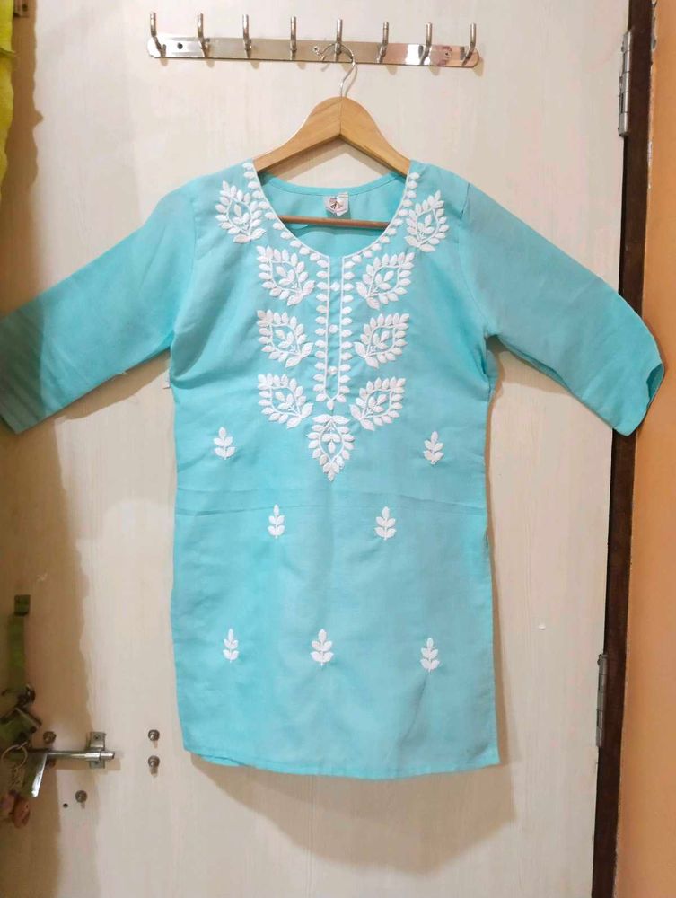 Aqua Blue Embroidered Kurti