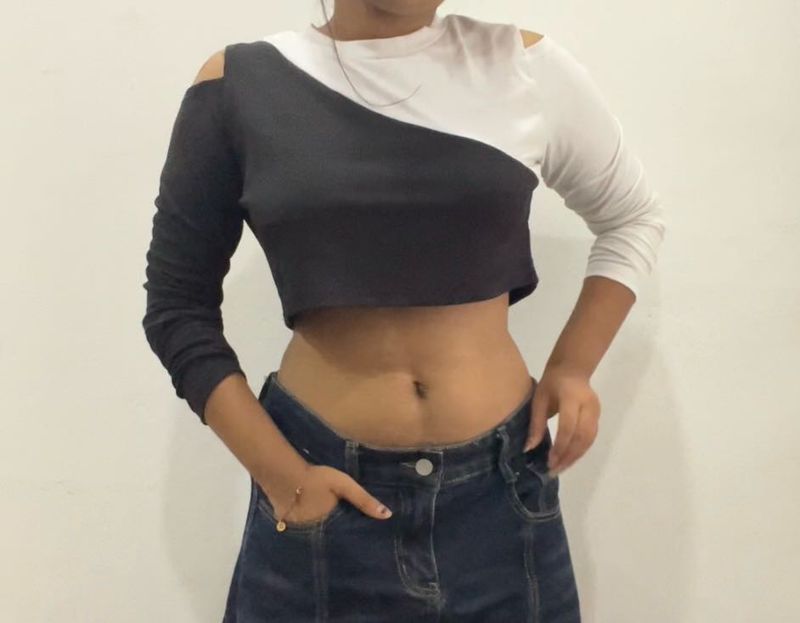 Urbanic Rib Black White Cold Cut Shoulder Crop Top