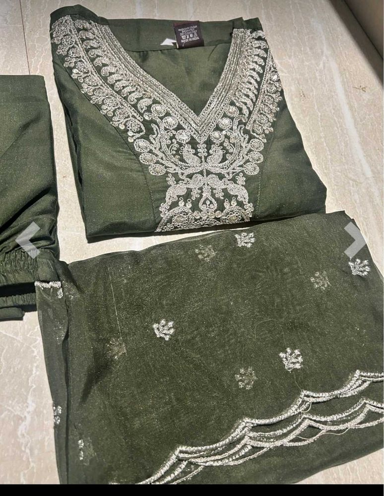 Olive Green Embroidered Kurta Set