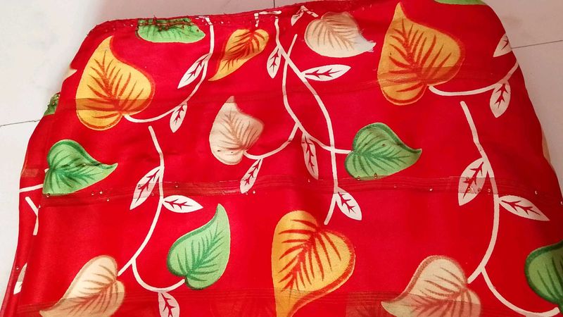 Red Leaf Print Saree with blouse piece unused