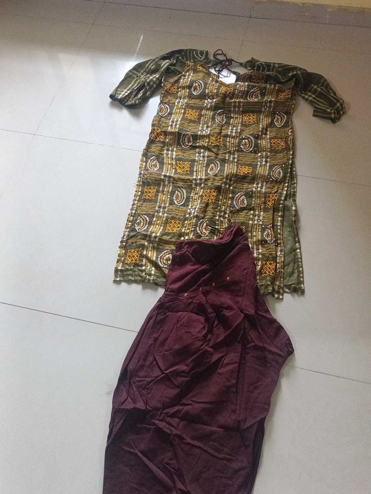 Olive &amp; Maroon Kurti Set