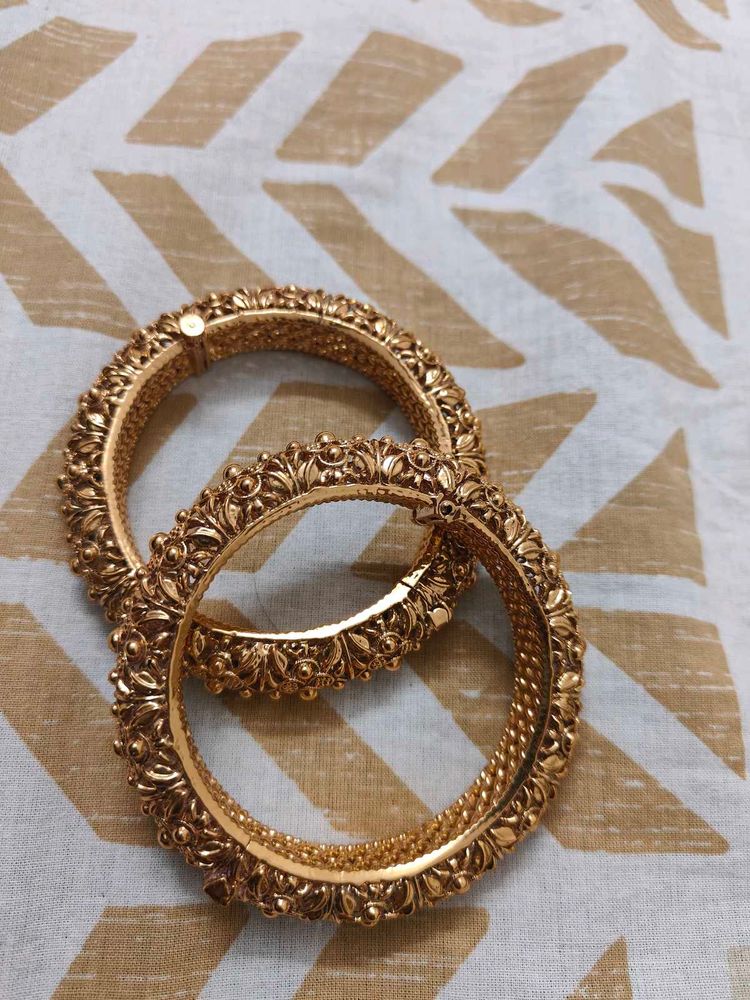 Gold South Indian Floral Bangle Set Of 2