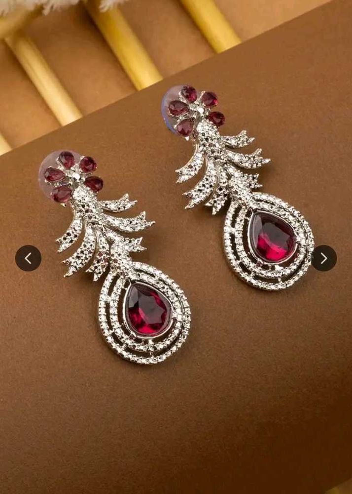ElegantRhodium Plated  Red Stone Earrings