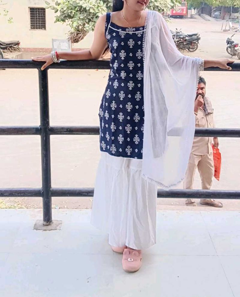 Navy &amp; White Kurta Sharara Set