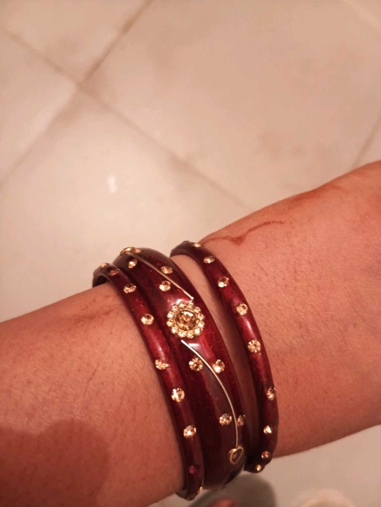 Elegant Maroon &amp; Gold Bangles (Set of 3)