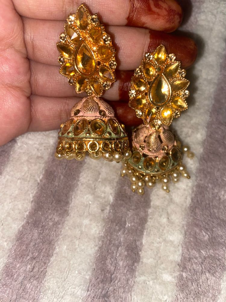 Ethnic Bridal Jhumkis with Pink and Yellow Stone