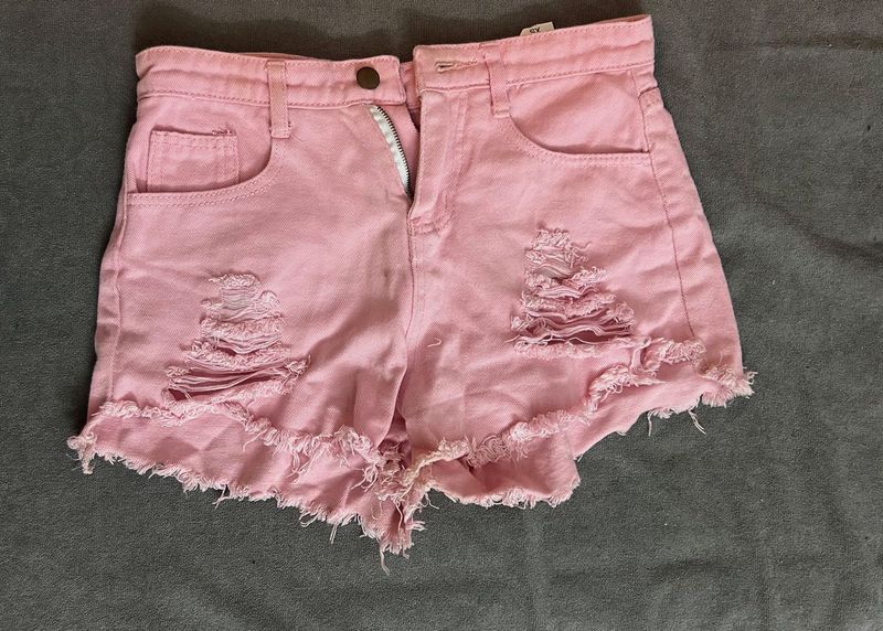 Pink Distressed Denim Shorts