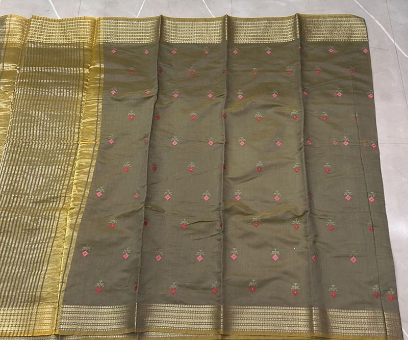 Olive Green Embroidered Saree- New
