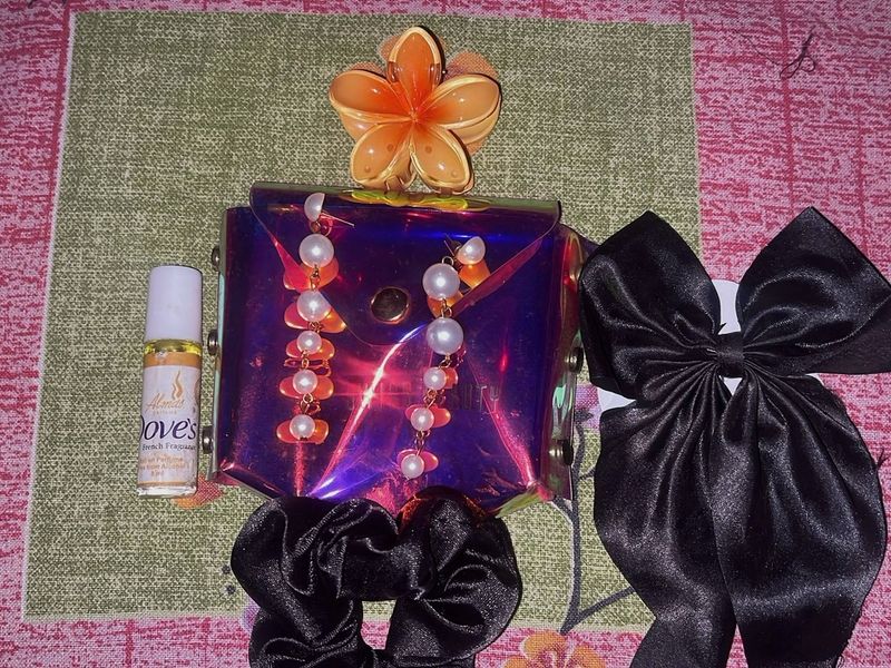 COMBO OF HAIRTIE SCRUNCHIES,EARRING,PERFUME&amp; POUCH