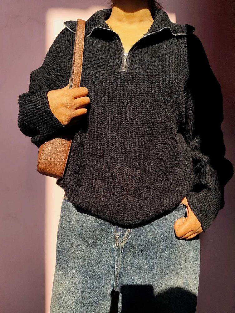 Black Knit Zip-Up Sweater