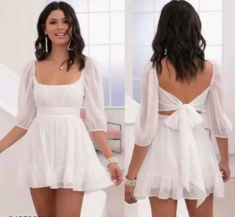 White Mini Dress - Puff Sleeves &amp; Back Bow Detail