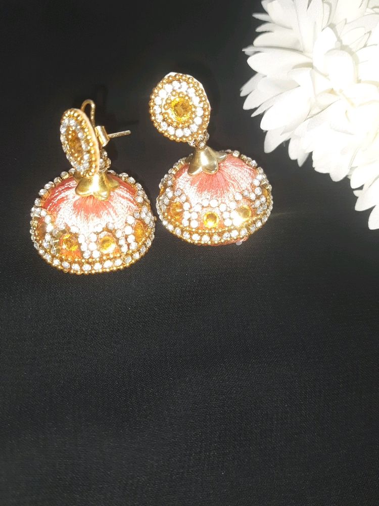 Thread earing hand made peach color