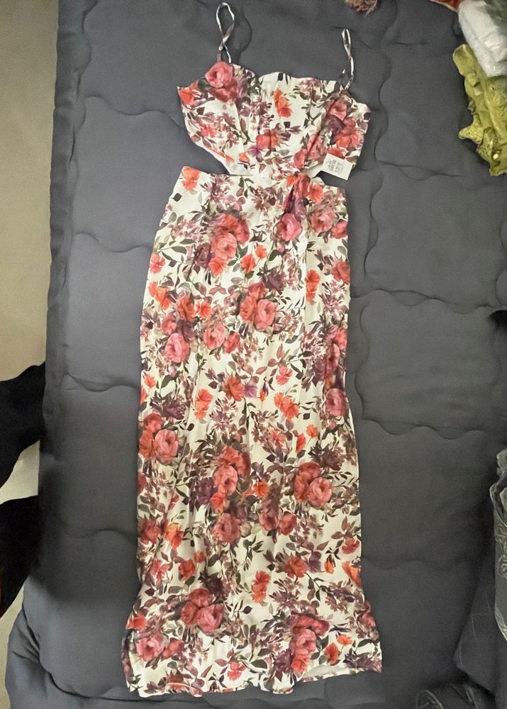 Printed Satin Poplin Side Cut-Out Dress