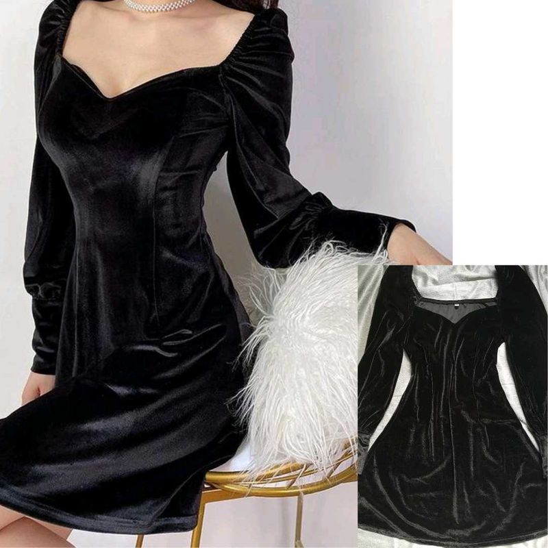 Sweetheart Neckline Black Velvet Korean Dress