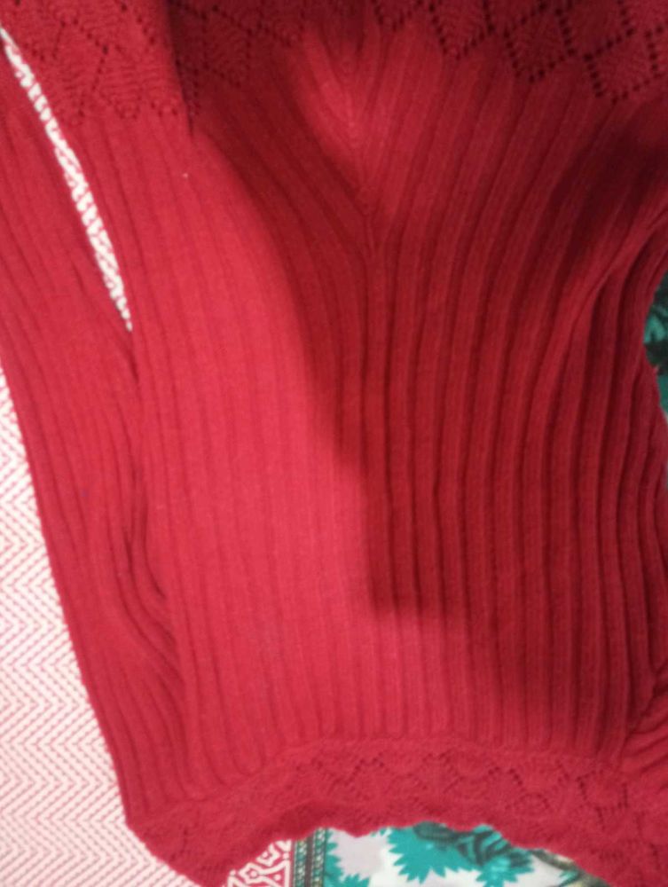 Red Knit V-Neck Sweater