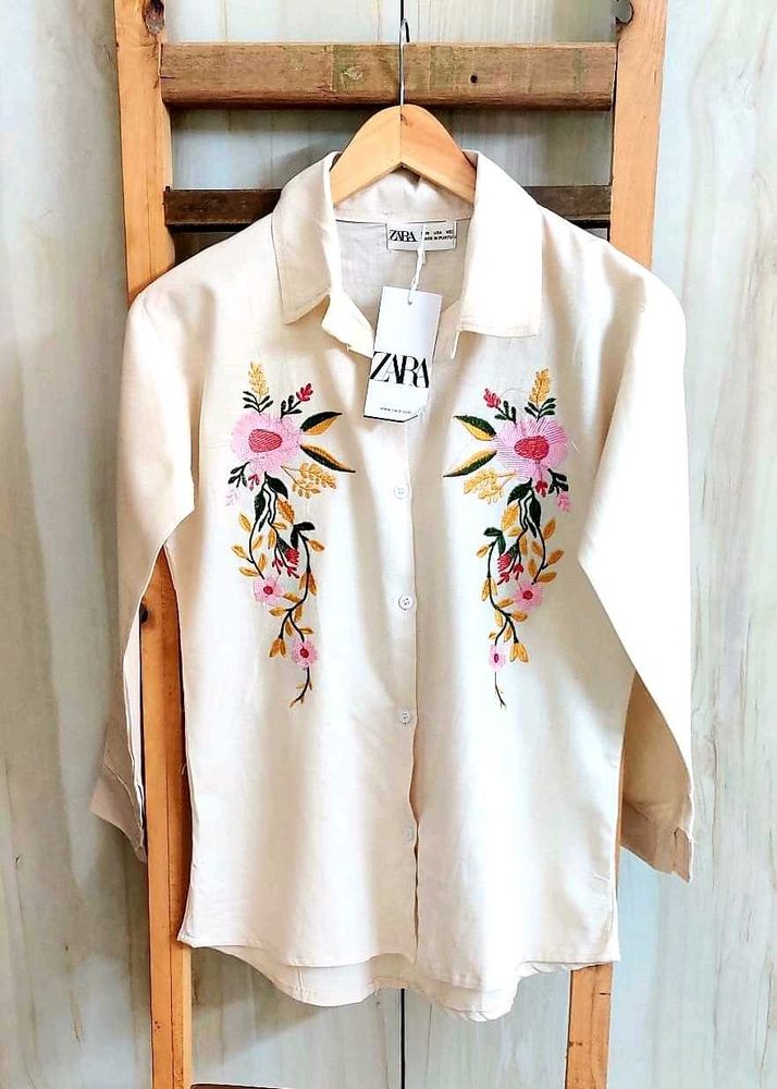 Baige Colour Embroidery Work Cotton Shirt Size-36