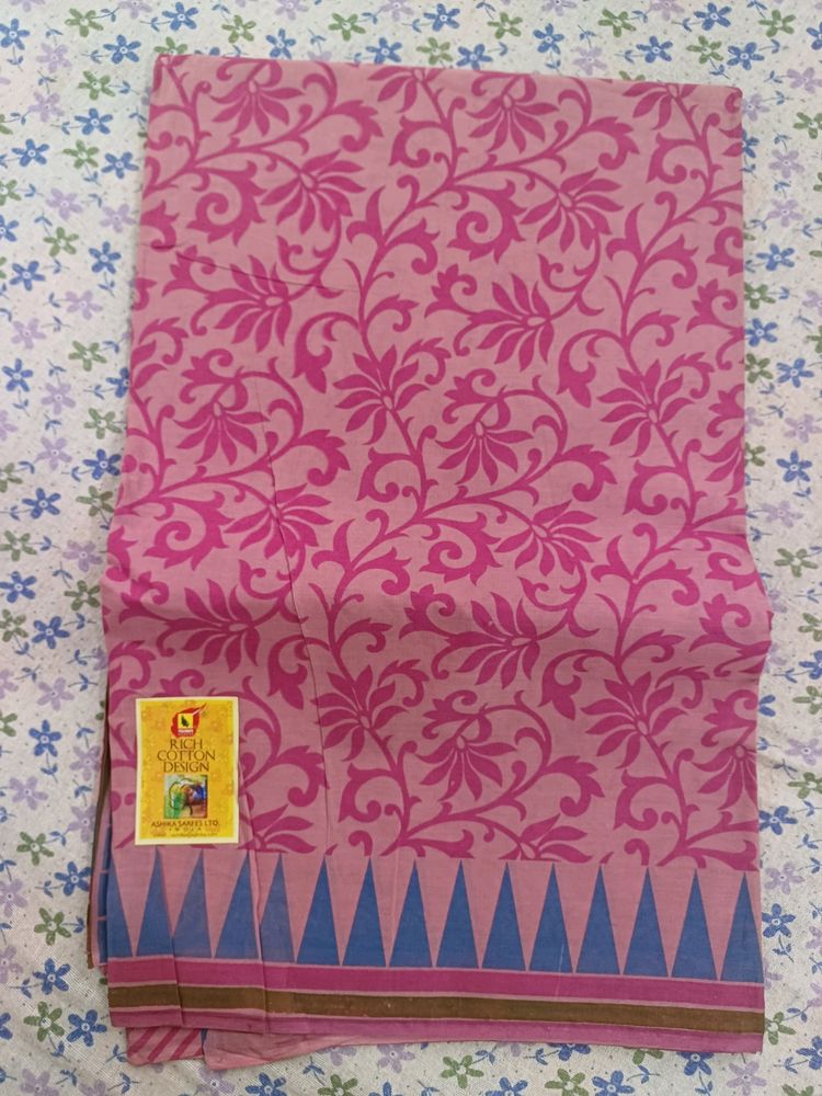 Cotton Pink Saree With Blue Border!