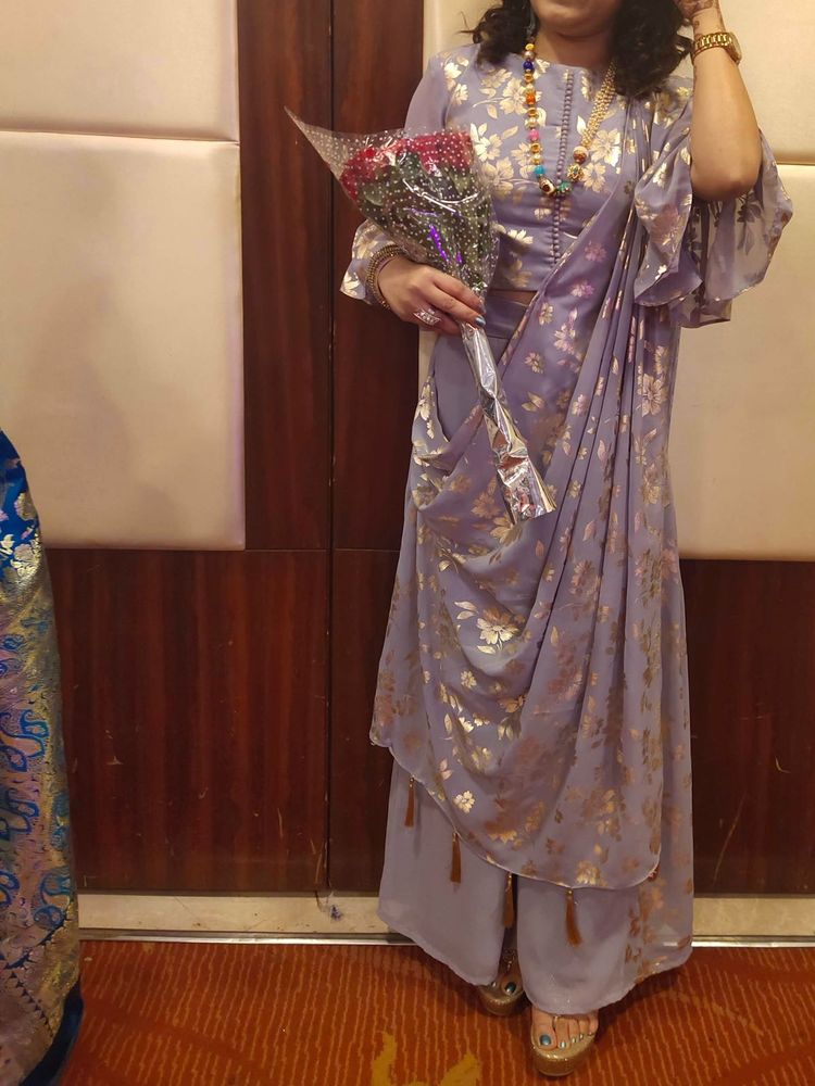 Floral Lavender Drap Saree Palazzo Pant Set