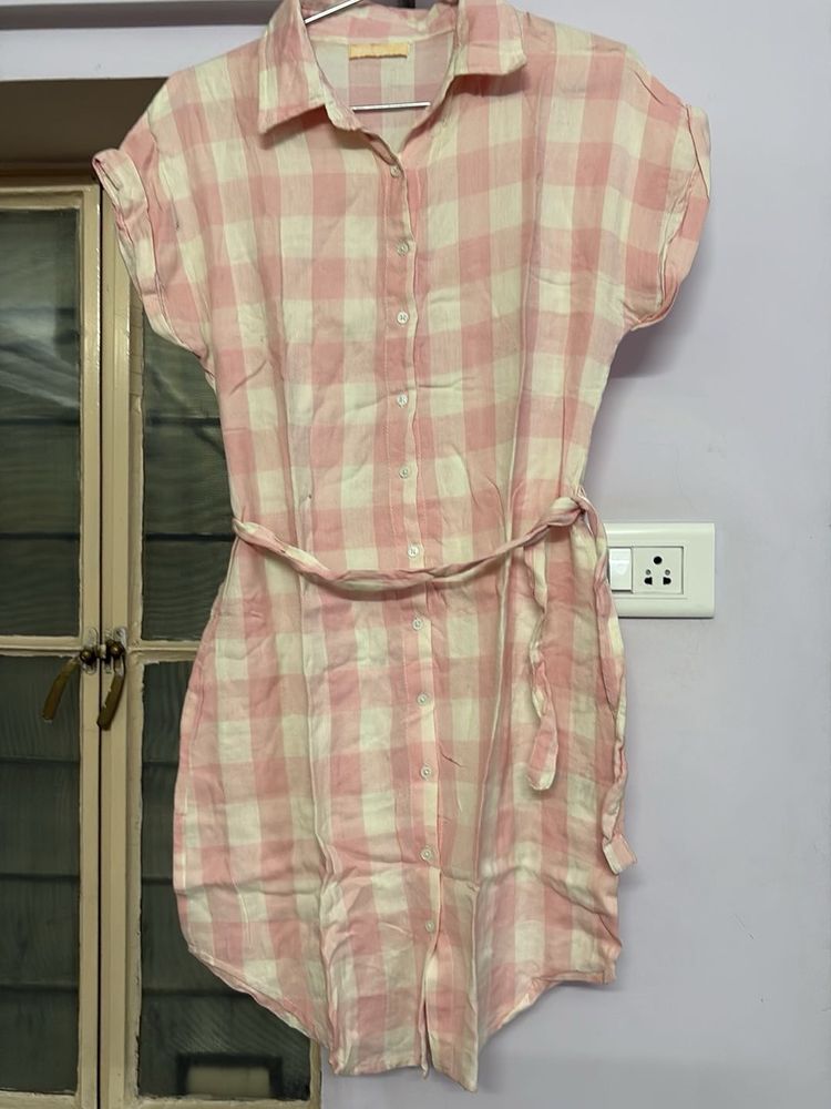 Pink Checkered Shirt Dress
