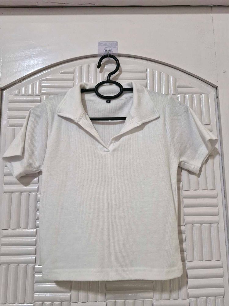 White Ribbed Polo Collared Tee.