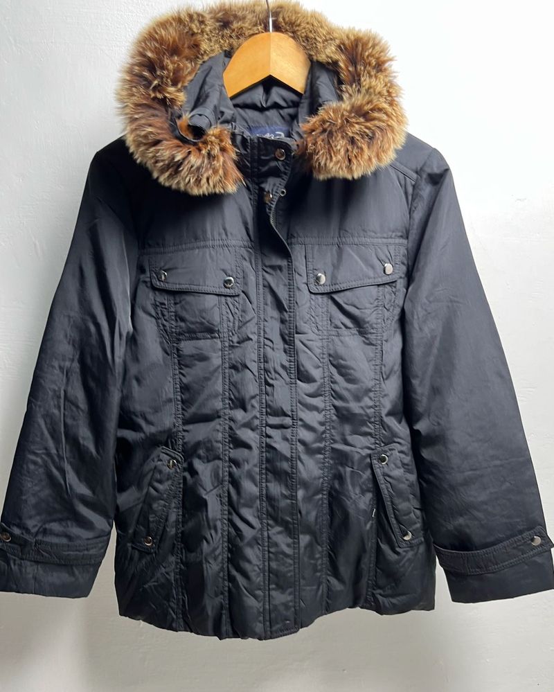 Crocodile LADIES | Fur Hooded Black Winter Coat