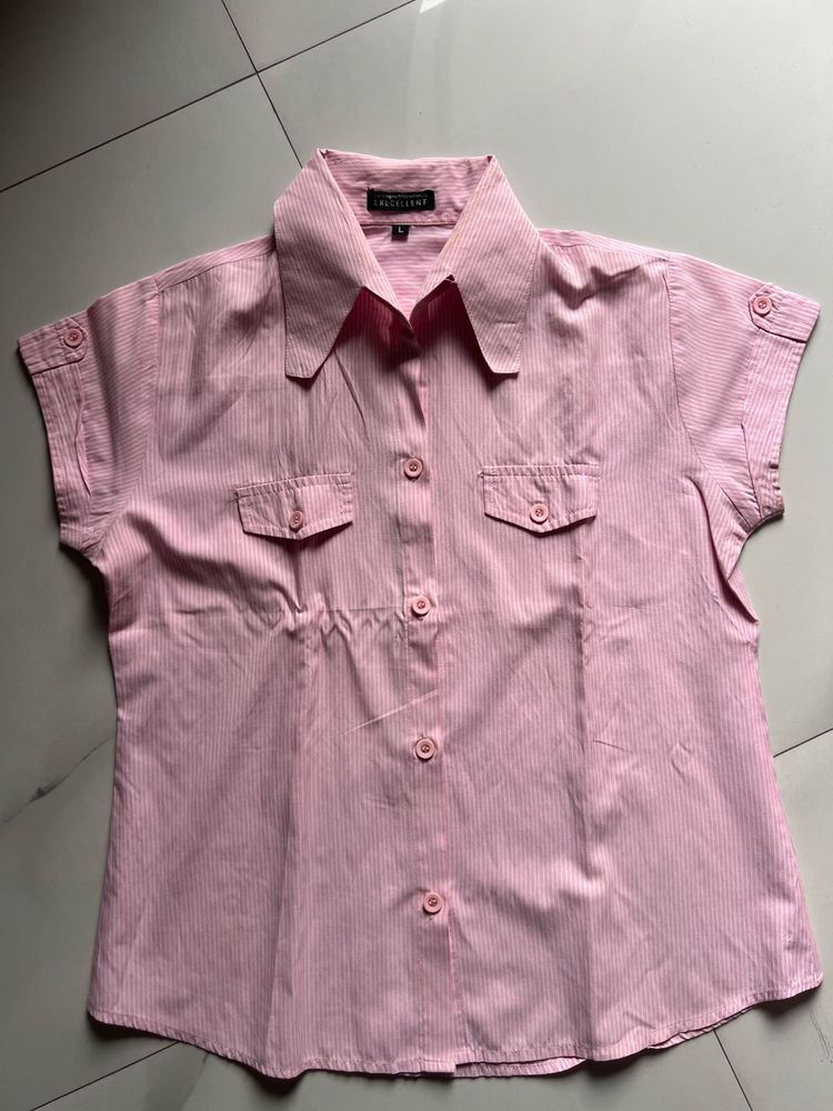 Pink Striped Short Sleeve Blouse