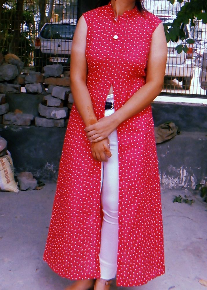 Pink Polka Dot Sleeveless Kurti