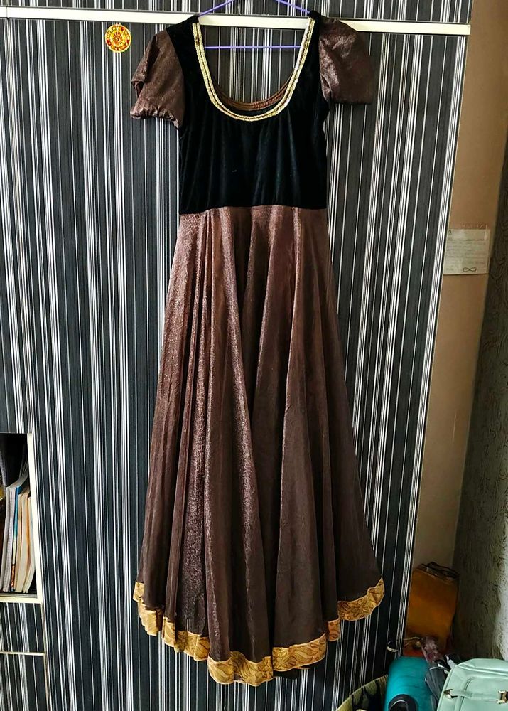Elegant Brown &amp; Black Anarkali Dress