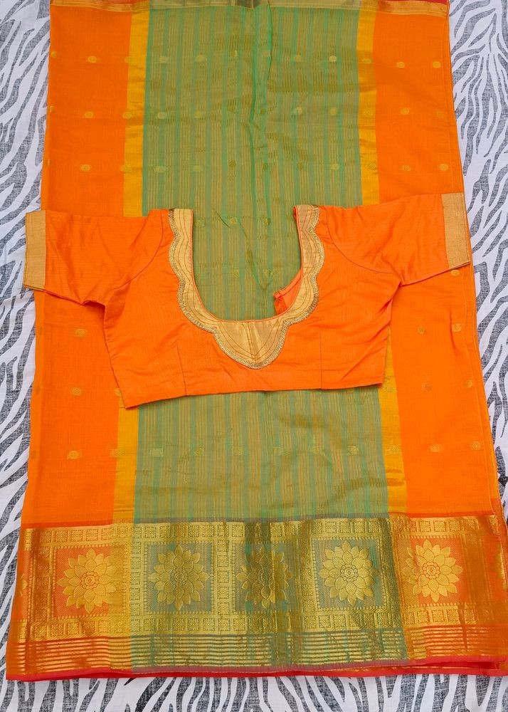 orange  green colour combination saree