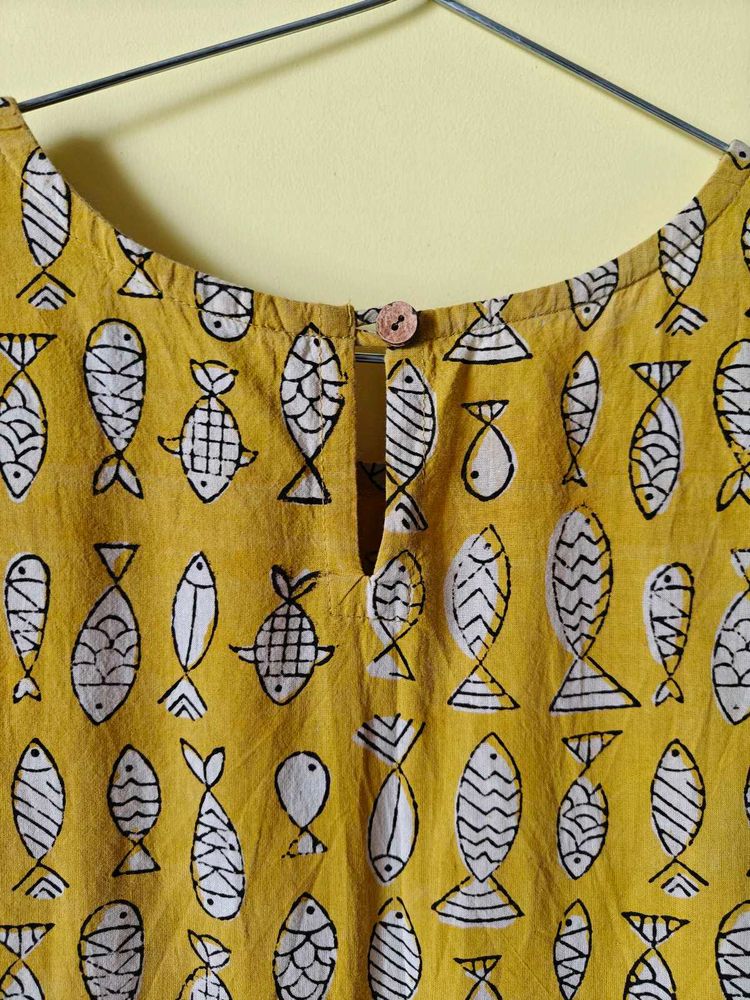 Mustard Fish Print Cotton Dress