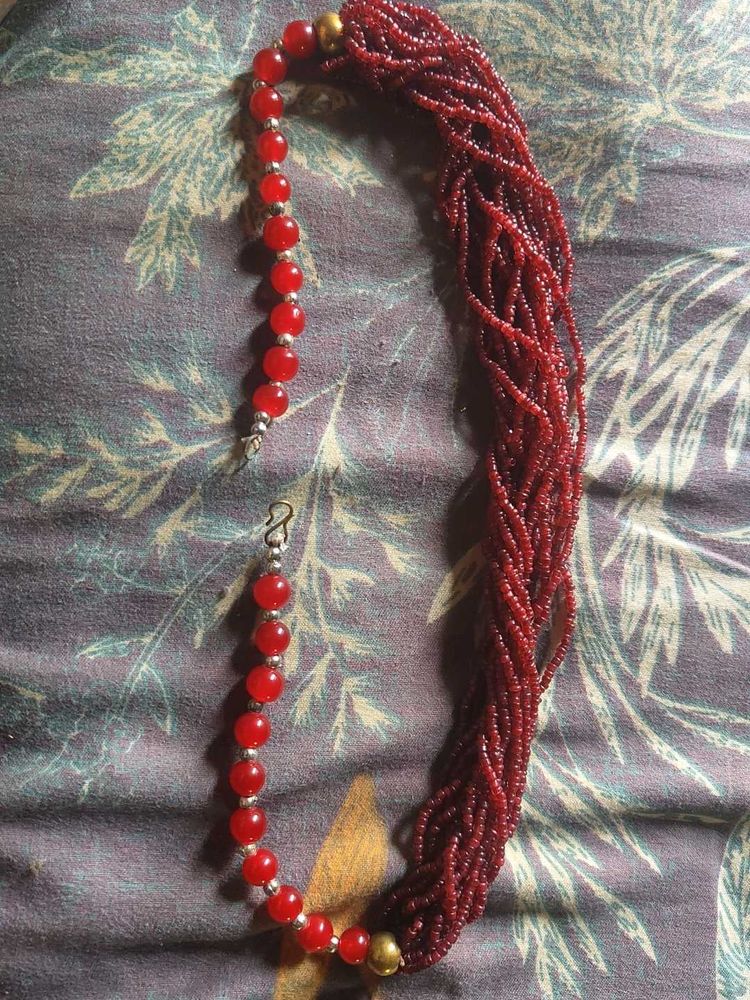 Red Beaded Necklace And Black Necklac Combo