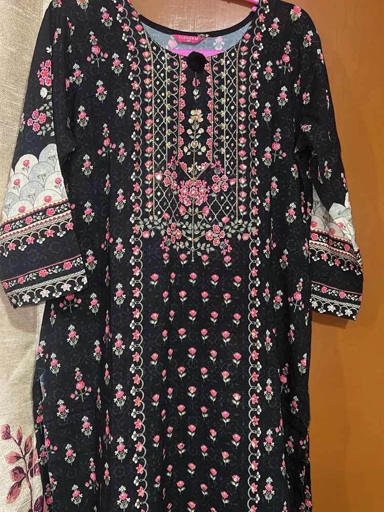 Charcoal Black &amp; Pink Printed Kurta