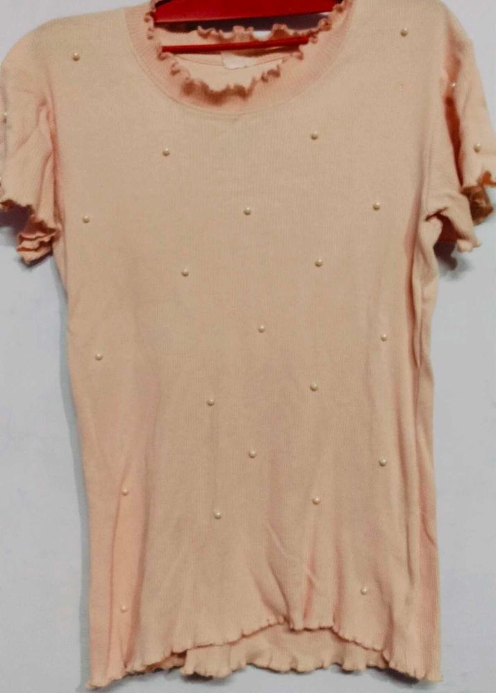 Peach Ribbed Ruffle Tee