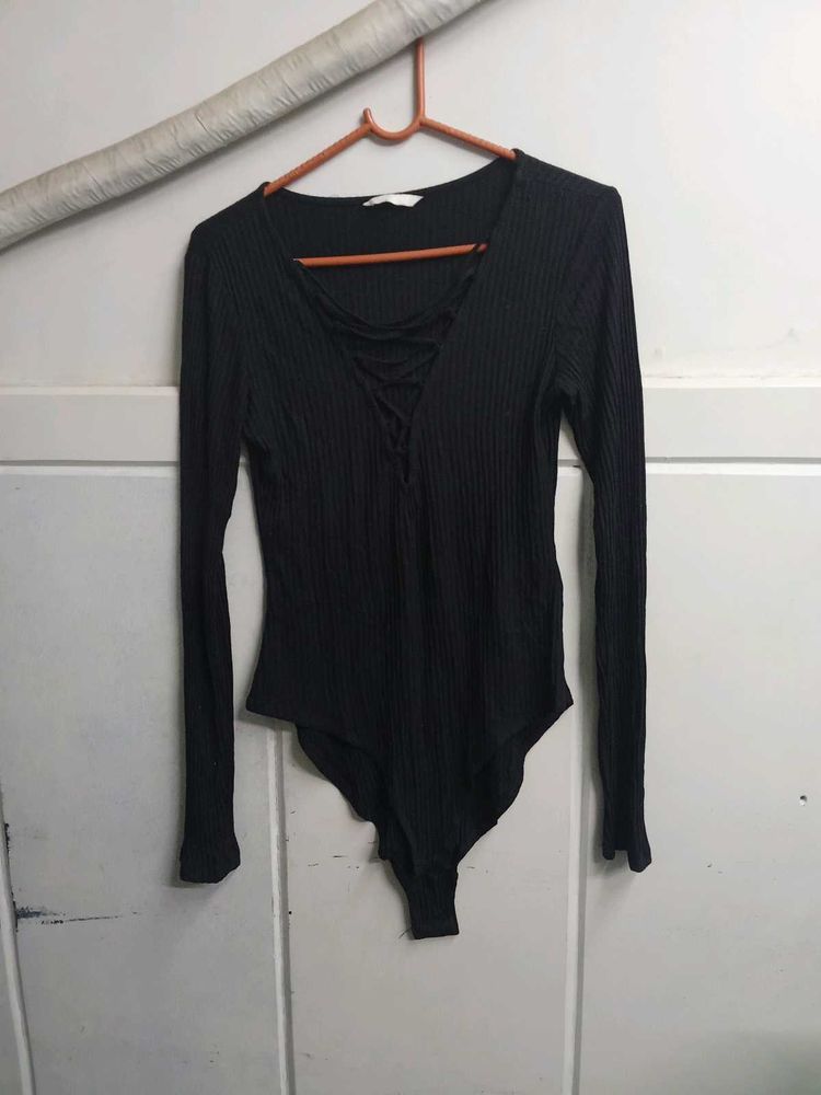 WOMENS H&amp;M BLACK LONG SLEEVE LACE UP STRETCH KNIT