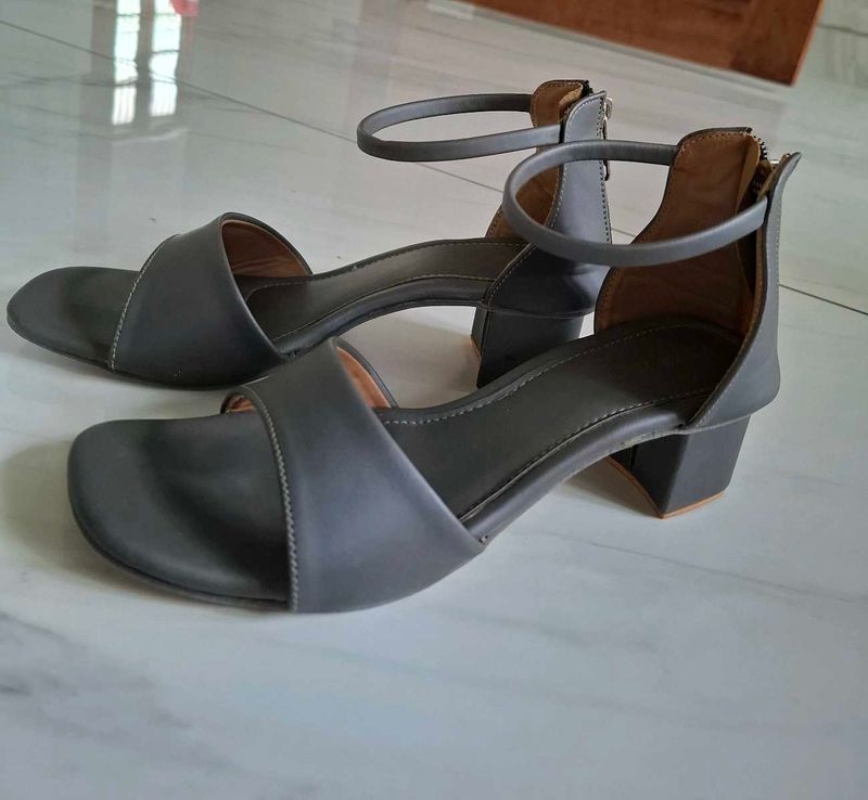 Gray Ankle Strap Block Heels