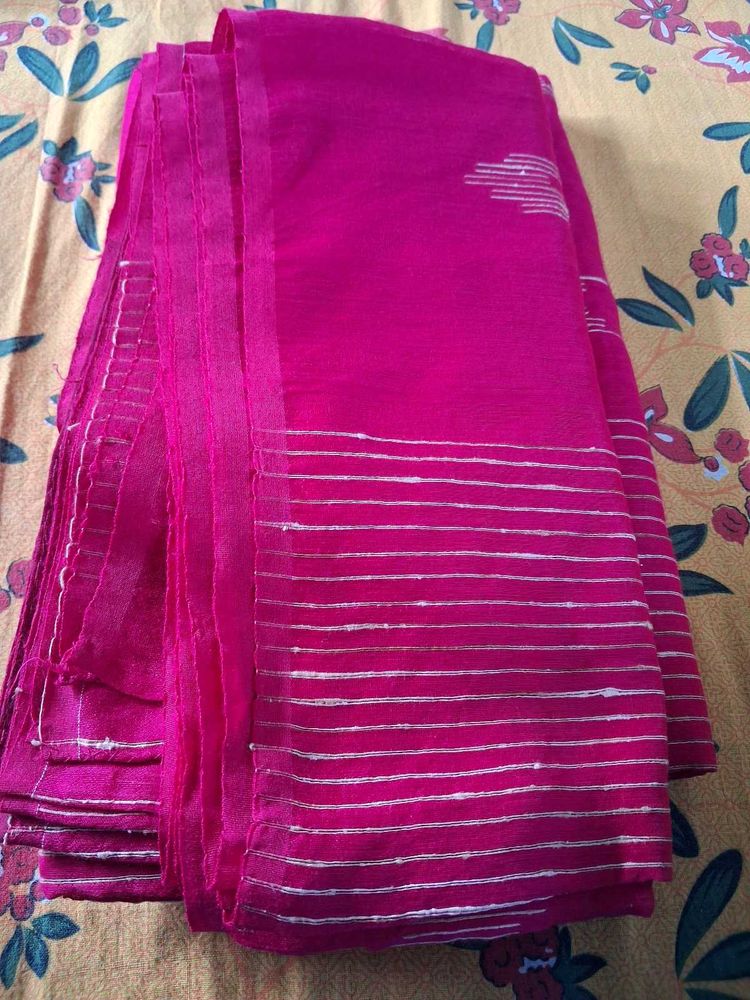 Pink Saree with Silver Stripes