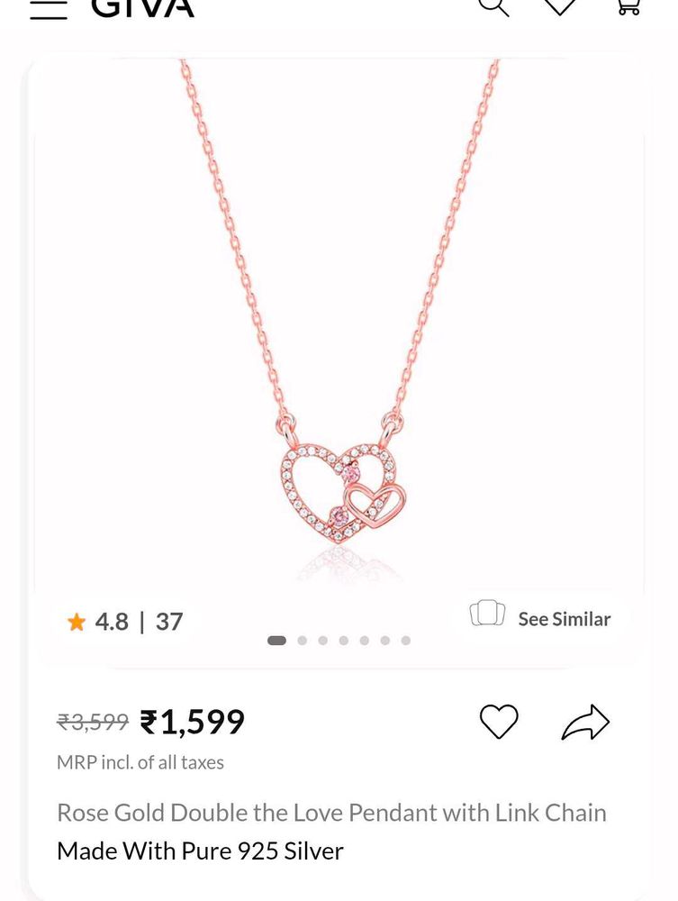 GIVA 925 Silver Rose Gold Heart Pendant+Link Chain