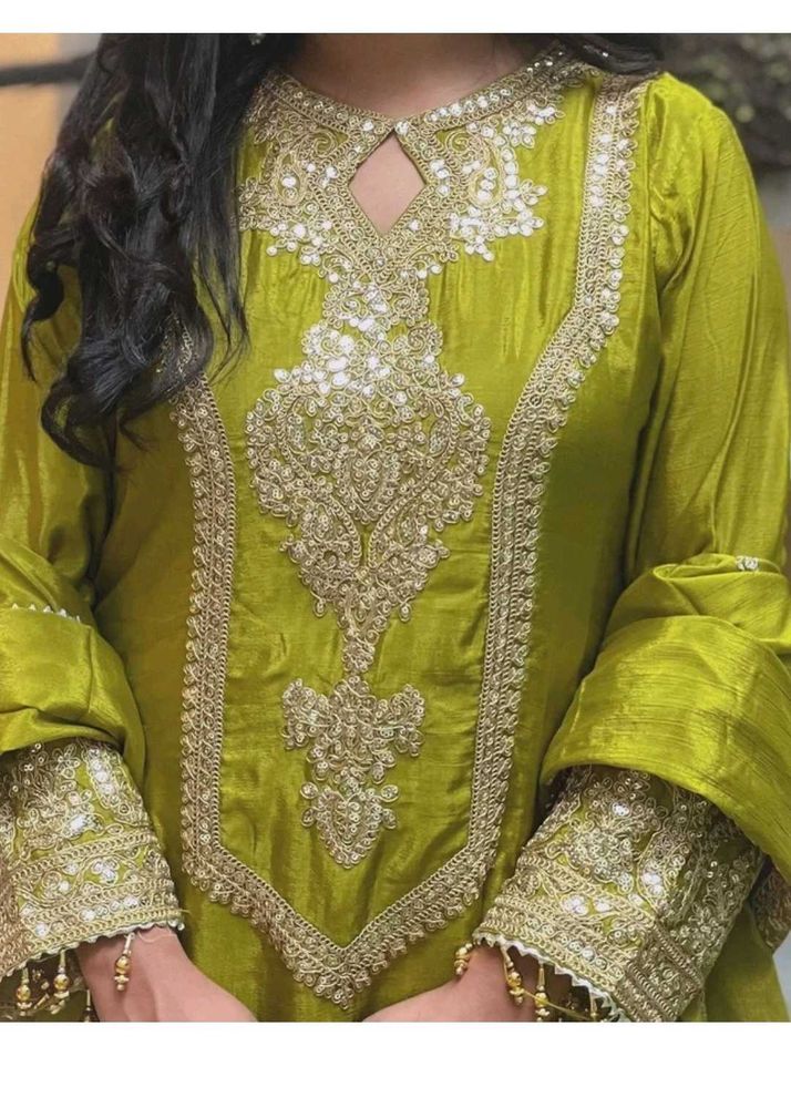 Designer Green Silk Embroidered Kurta Set with Dup