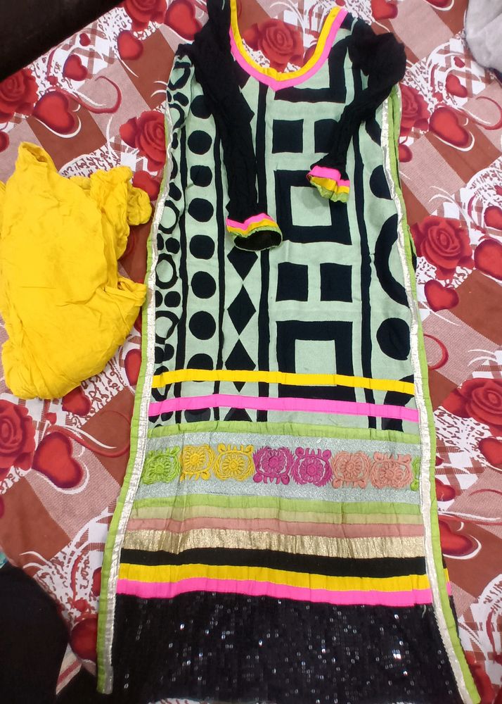 Black Embroided Kurta With Yellow Bottom