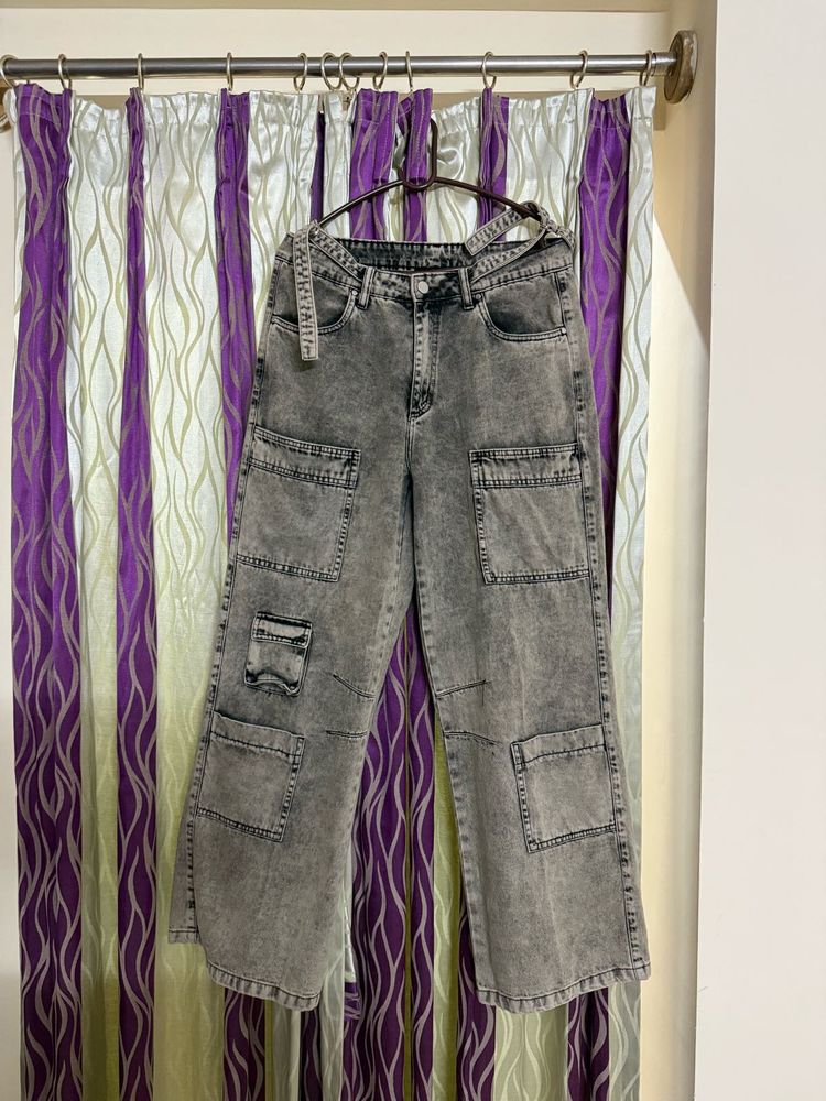 Sand-Wash Grey Cargo Jeans