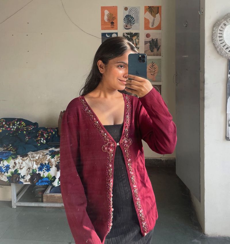 Maroon Embellished Cardigan
